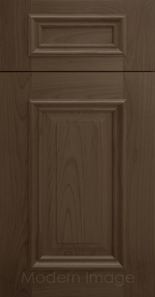 Heritage custom cabinets in a Beachwood Stain, classic raised panel doors, and modern flat slab drawer fronts.